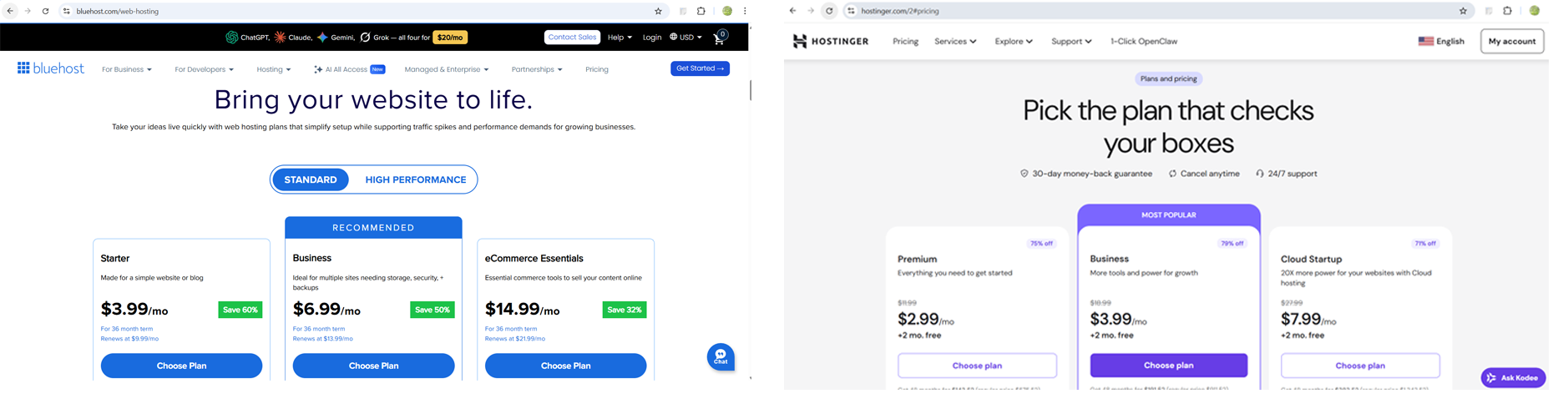 Bluehost vs Hostinger 2026: The Honest Verdict 2 Bluehost vs Hostinger Pricing Plans Comparison